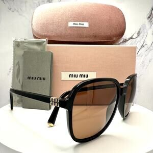 New MIU MIU Sunglasses MU B01S 16K90Q Black Brown Lens Oversized Pillow Square